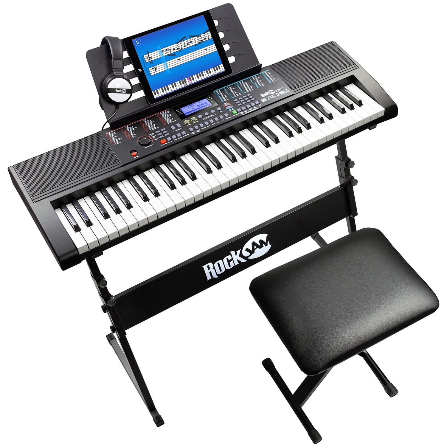RockJam 61-Key Keyboard Piano Kit with Stand, Bench, Headphones, Note  Stickers and Lessons 