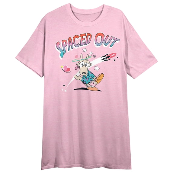 Rocko's Modern Life Spaced Out Crew Neck Short Sleeve Pink Heather Women's Night Shirt-Small