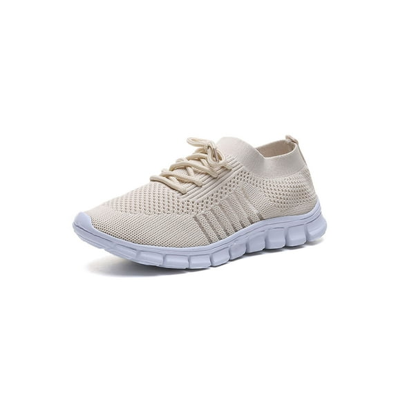 Rockomi Women Casual Sneakers Daily Comfortable Lace Up Flats Women's Walking Round Toe Trainers Beige 6.5