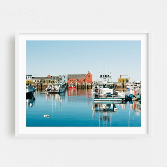 Rockport Harbor 01 - Rockport Massachusetts Photography Harbor Boat Coastal Ocean Scenic Rustic Travel Poster White Framed Wall Art Print 11 x 14 inches