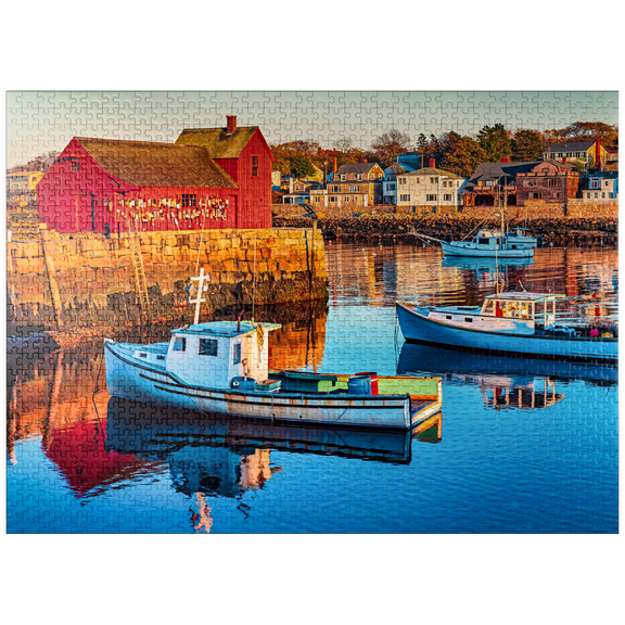 Rockport Harbor In Massachusetts With Its Lobster Boats And Village Reflect In The Still Waters Of The Day. The Colors Give The Town A Nostalgic Feel - Premium 1000 Piece Jigsaw Puzzle for Adults