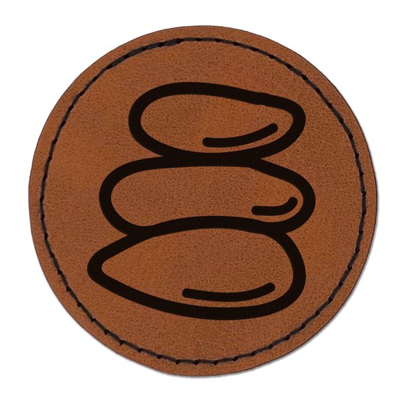 Rocks Cairn Pile of Stones Hiking Trail Marker 2.5" Faux Leather Round Engraved Iron-On Patch - Brown
