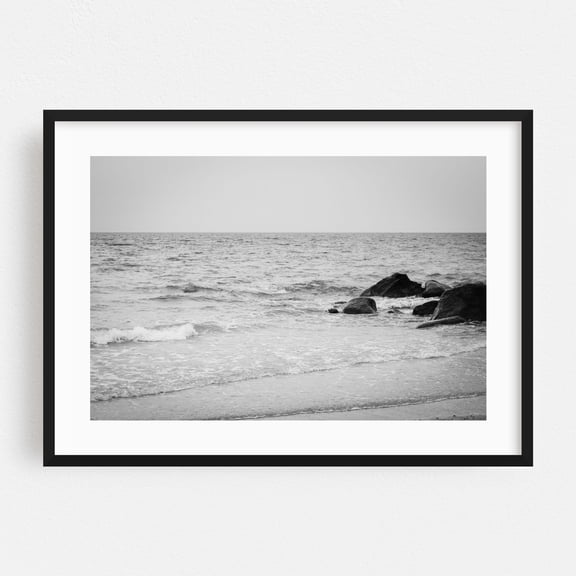 Rocks, Town Beach B&W - Massachusetts Photography Black and White Beach Coastal Ocean Waves Minimalist Nature Black Framed Wall Art Print 5 x 7 inches