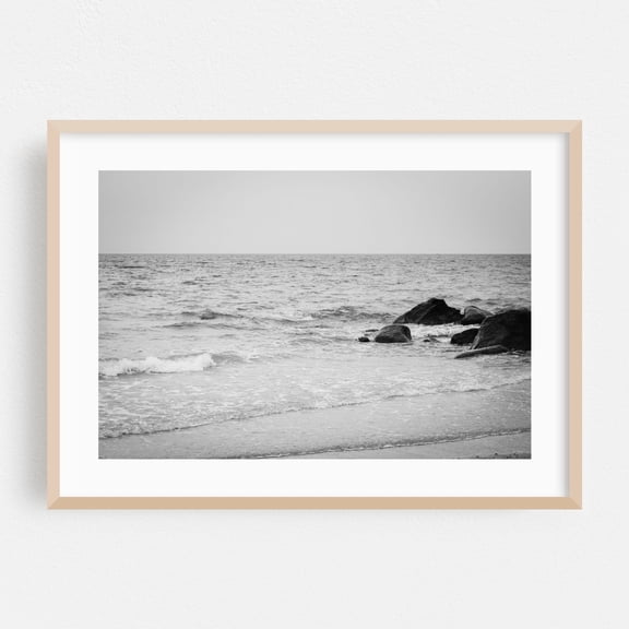 Rocks, Town Beach B&W - Massachusetts Photography Black and White Beach Coastal Ocean Waves Minimalist Nature Oak Framed Wall Art Print 5 x 7 inches