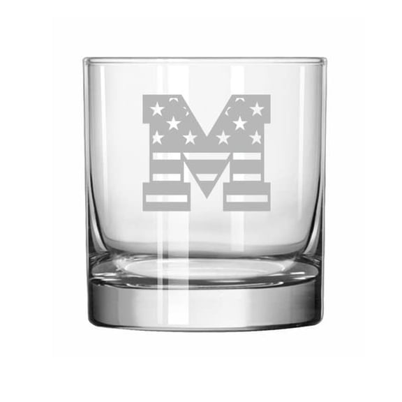 Rocks Whiskey 11oz Glass American Flag Monogram (M)