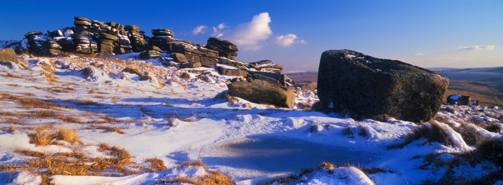 Rocks on a snow covered hill Dartmoor Devon England Canvas Art - Panoramic Images (36 x 12)