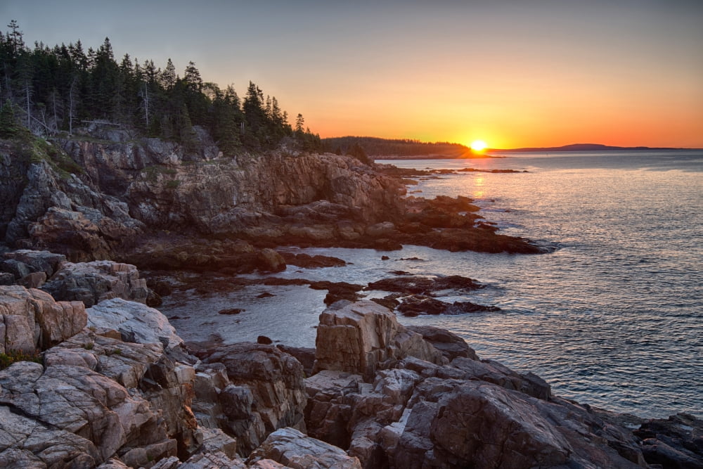 Rocks on the coast at sunrise Little Hunters Beach Acadia National Park Maine USA Canvas Art - Panoramic Images (27 x 9)