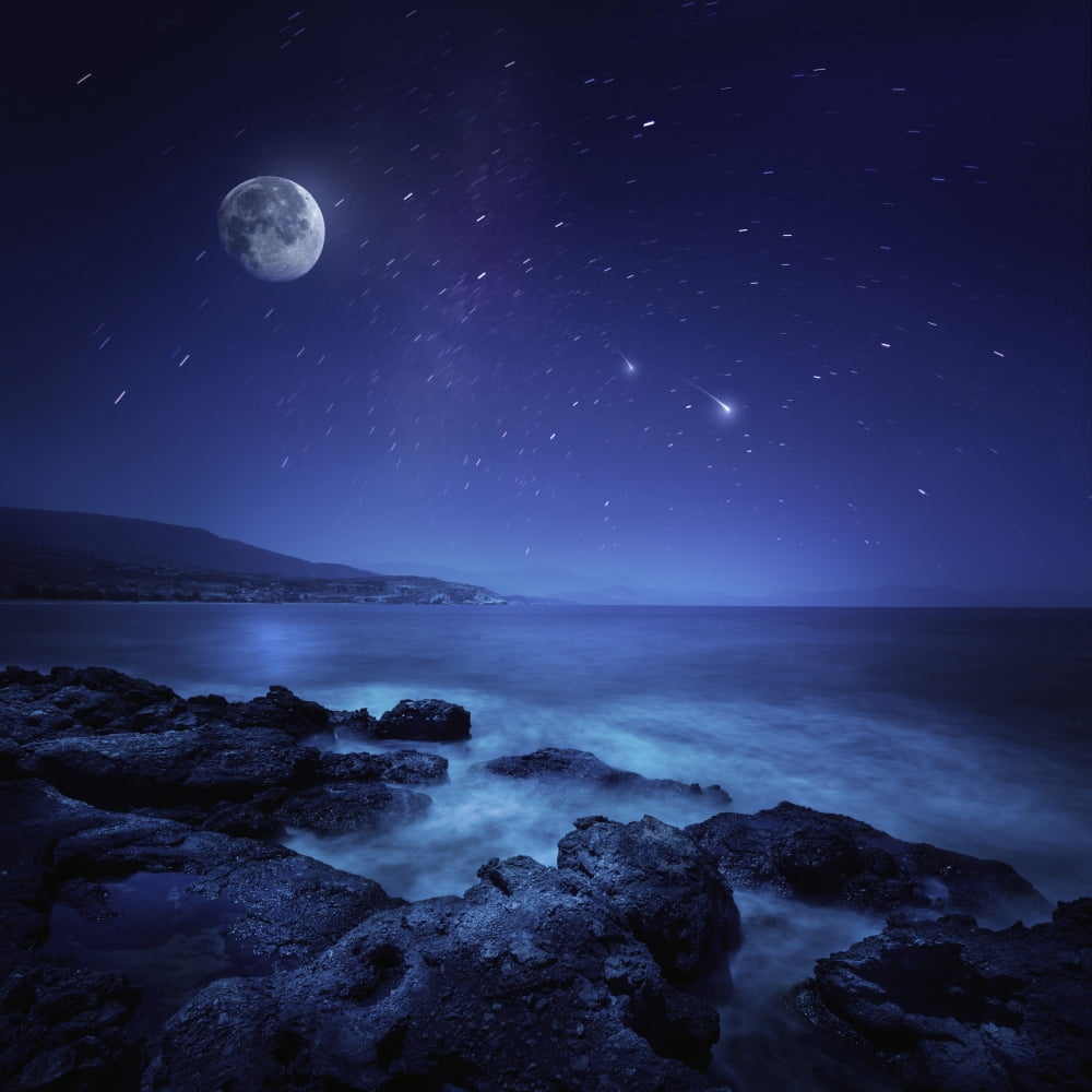 Rocks seaside against rising moon and starry field Crete Greece Canvas Art - Evgeny KuklevStocktrek Images (29 x 29)