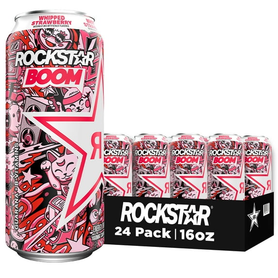 Rockstar BOOM! Whipped & Blended Energy Drink, Strawberry, 16 fl oz, 24 Pack Cans
