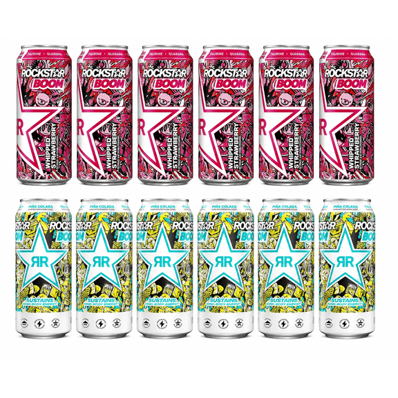 Rockstar Boom Energy Drink Variety Pack: Whipped Orange, Whipped Strawberry, Pina Colada - 16oz (Pack of 12)