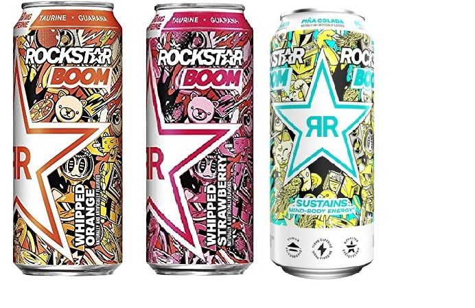 Rockstar Boom Energy Drink Variety Pack: Whipped Orange, Whipped Strawberry, Pina Colada - 16oz (Pack of 12)