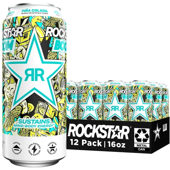 Rockstar Boom Pina Colada Energy Drink 16 fl oz, 12 Pack Cans