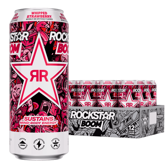 Rockstar Boom! Whipped Strawberry Energy Drink, 16 fl oz, 12 Pack Cans