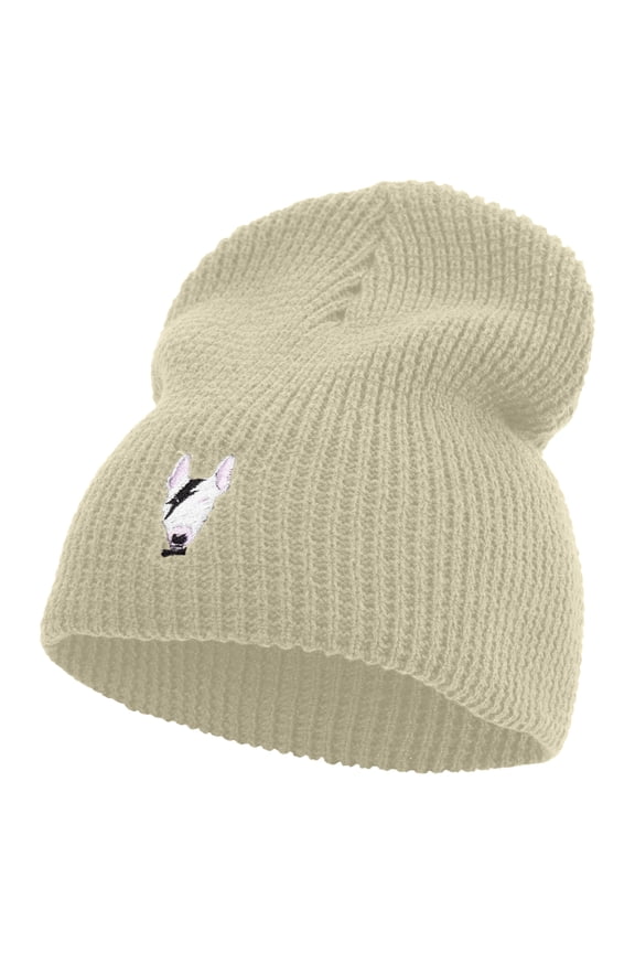 Rockstar Dog Head Embroidered Big Stretch Waffle Stitch Short Beanie - Beige XL-3XL