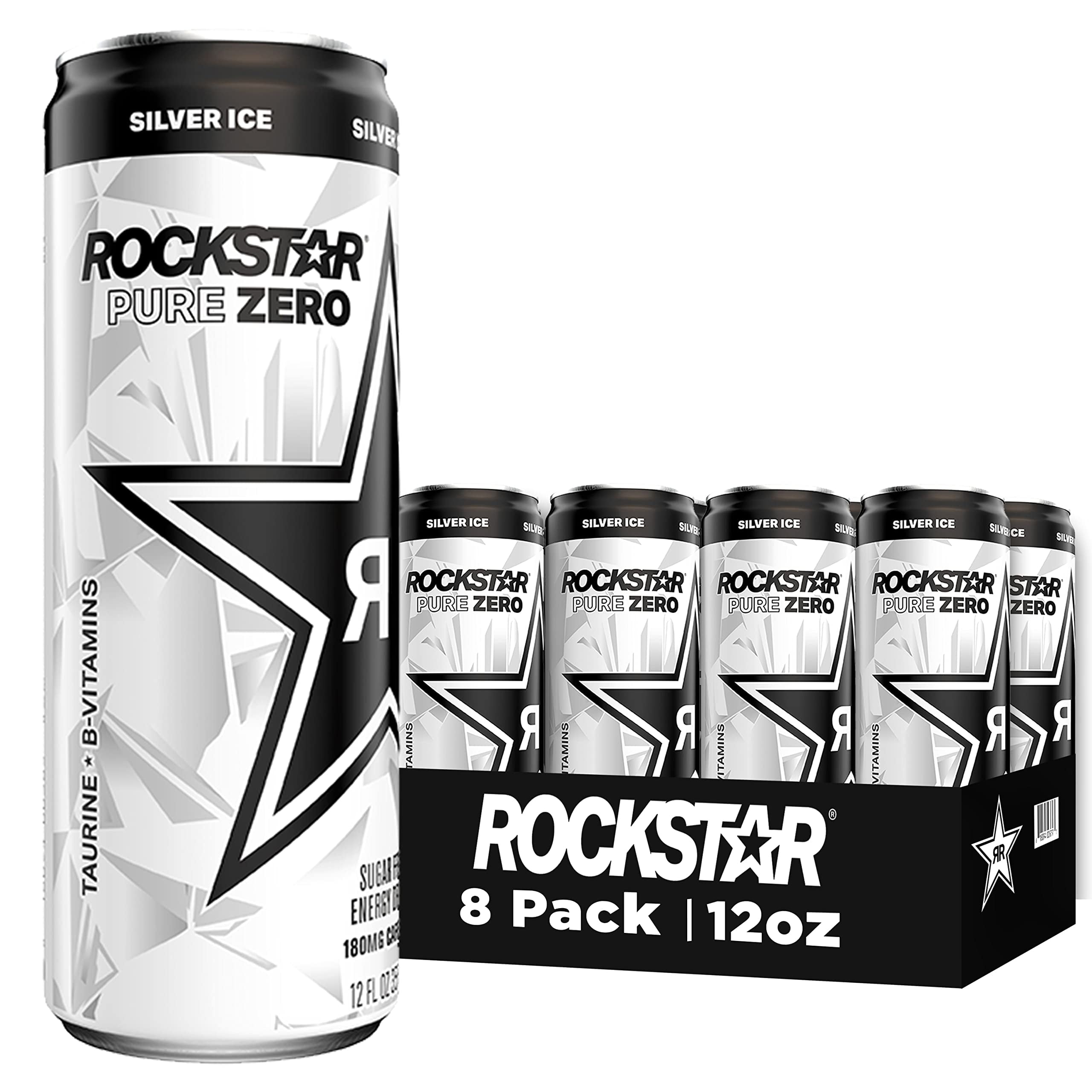 Rockstar Energy Drink, Pure Zero Silver Ice, 12Oz Sleek Cans (Pack Of 8
