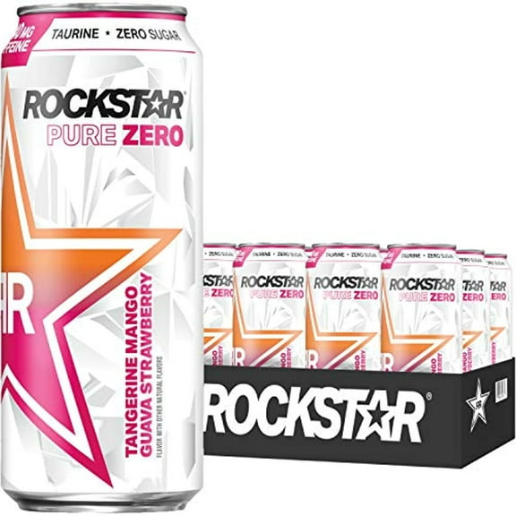 Rockstar Energy Drink Pure Zero Tangerine Mango Guava Strawberry (Packaging May Vary), 16 Fl Oz (Pack Of 12)