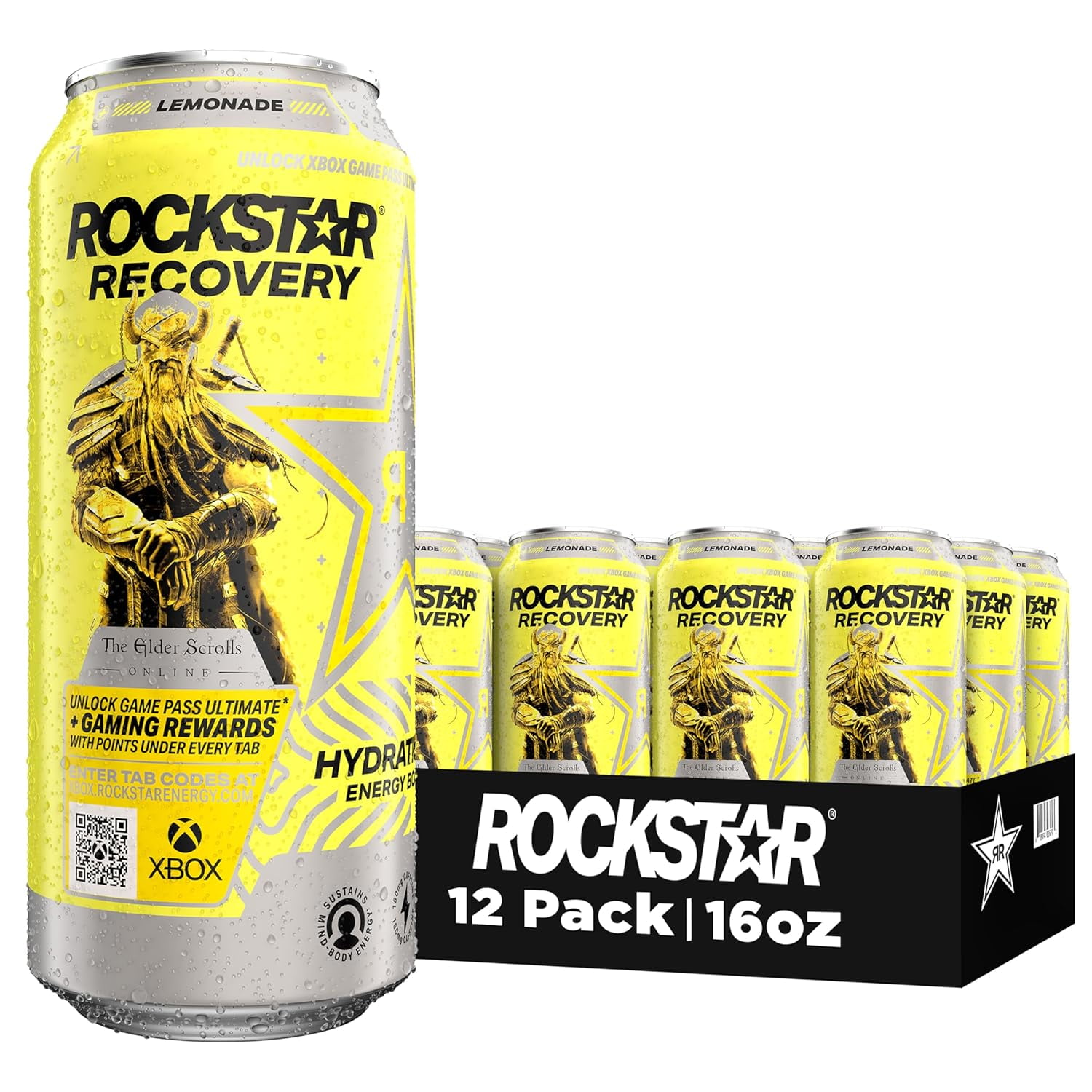 Rockstar Energy Drink with Caffeine Taurine and Electrolytes, Recovery Lemonade, 16oz (12 Pack) (Packaging May Vary)