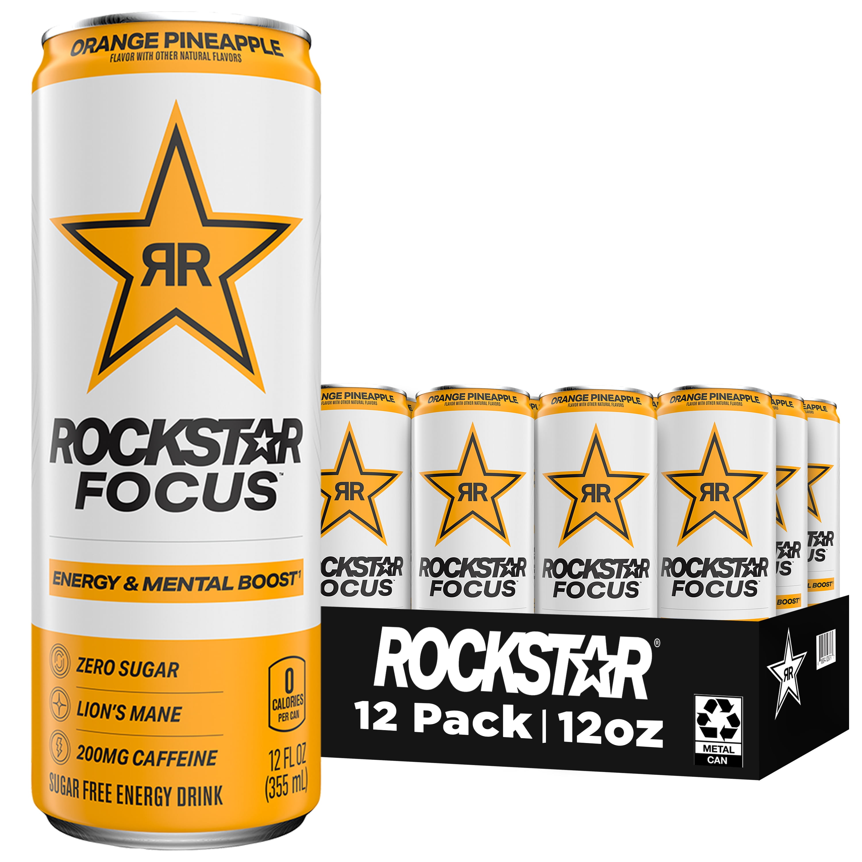Rockstar Focus Zero Sugar Energy Drink, Orange Pineapple Flavor, Lions Mane, Energy & Mental Boost, 12 oz 12 Pack Cans