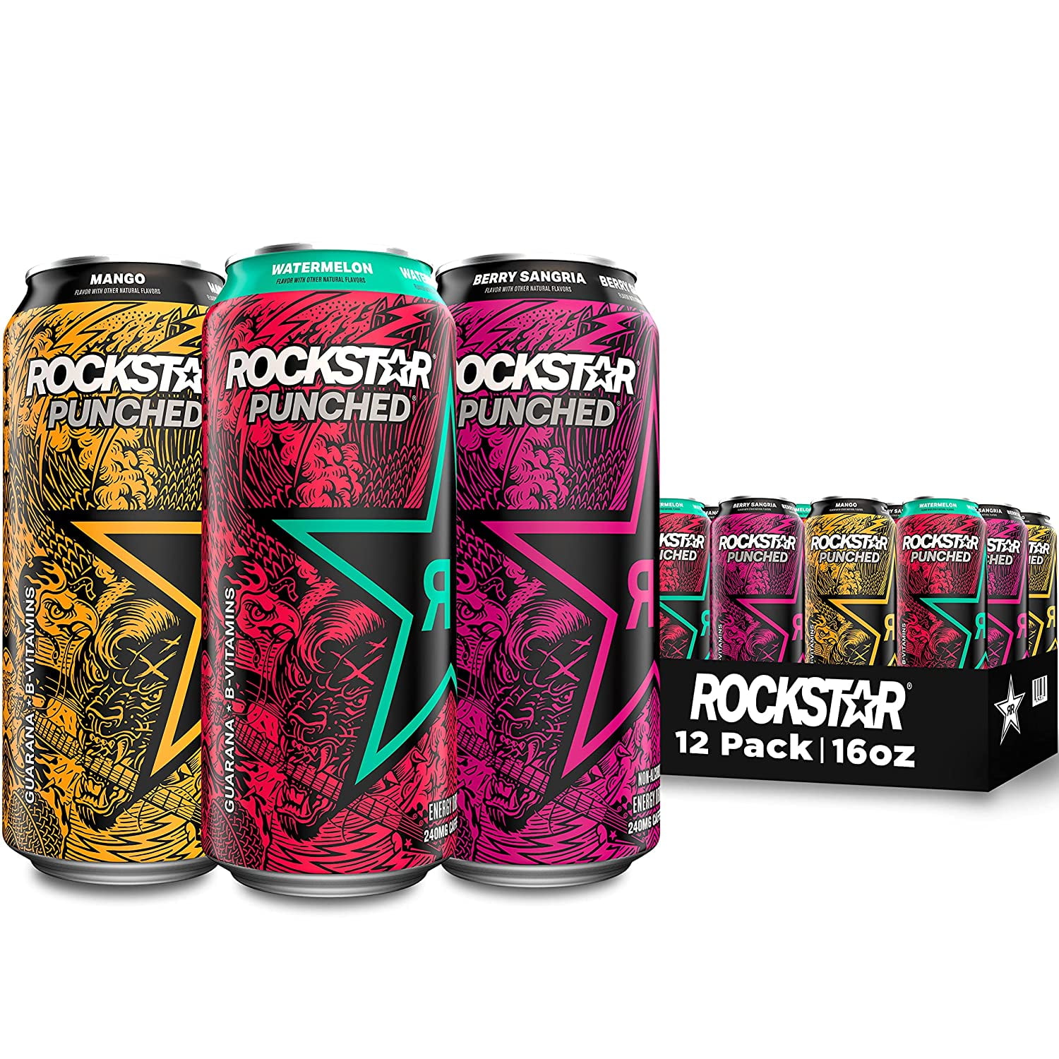 Rockstar Punched 3 Flavor Variety Pack Energy Drink, 16 fl oz, 12 Cans