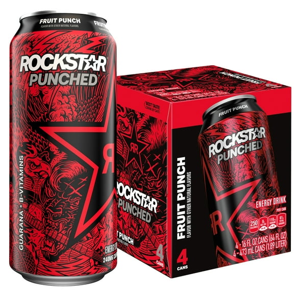 Rockstar Punched Fruit Punch Energy Drink, 16 oz, 4 Pack Cans