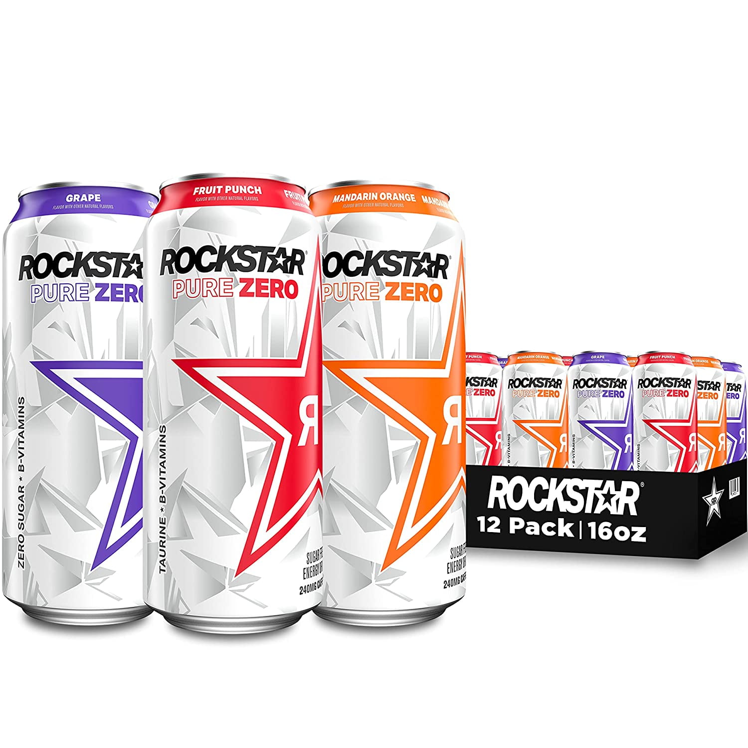 Rockstar Pure Zero Energy Drink, 3 Flavor Variety Pack, 16 fl oz, 12 Pack Cans