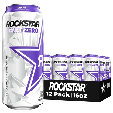 Rockstar Pure Zero Grape Energy Drink, 16 fl oz, 12 Pack Cans