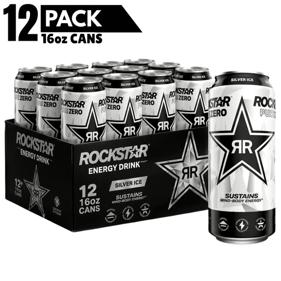 Rockstar Pure Zero Silver Ice Energy Drink 16oz 12 Pack Sugar Free Diet Can