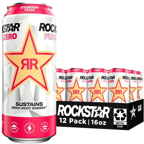 Rockstar Pure Zero Strawberry Peach Energy Drink, 16 fl oz, 12 Pack Cans
