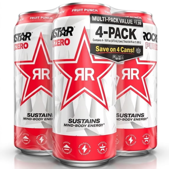 Rockstar Pure Zero Sugar Punched Fruit Punch Energy Drink, 16 oz Can ( 4 can )