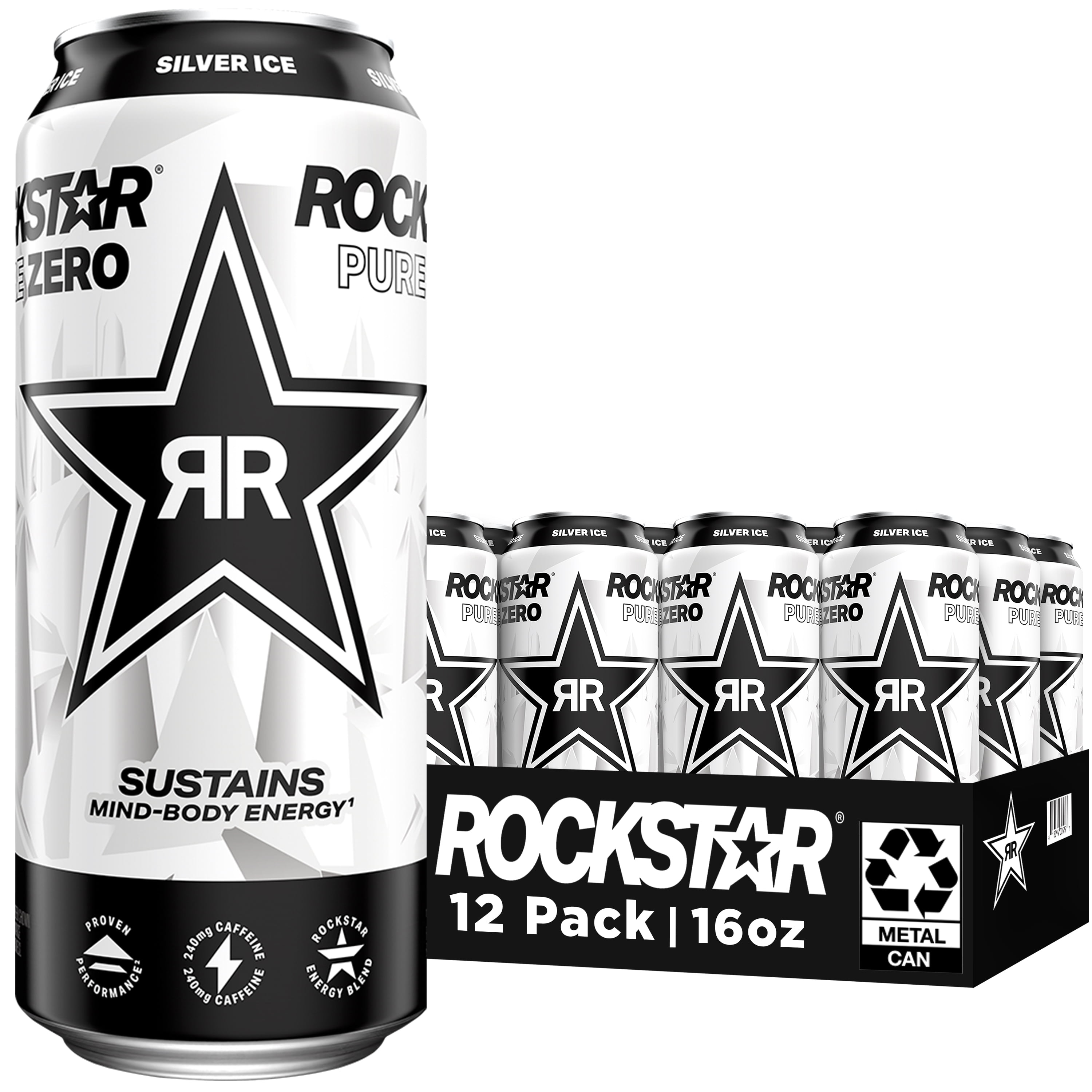 Rockstar Pure Zero Sugar Silver Ice Energy Drink, 16 fl oz, 12 Pack Cans