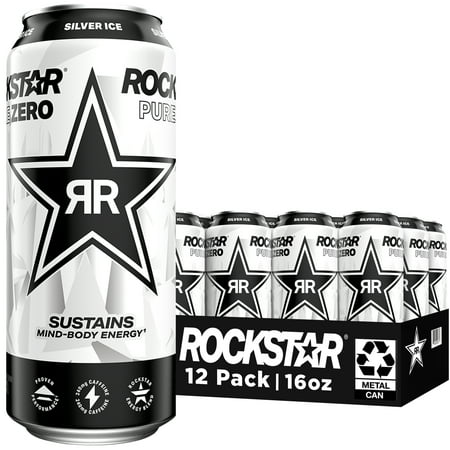 Rockstar Pure Zero Sugar Silver Ice Energy Drink, 16 fl oz, 12 Pack Cans