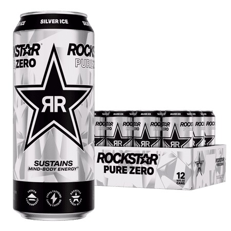 Rockstar Pure Zero Sugar Silver Ice Energy Drink, 16 fl oz, 12 Pack Cans