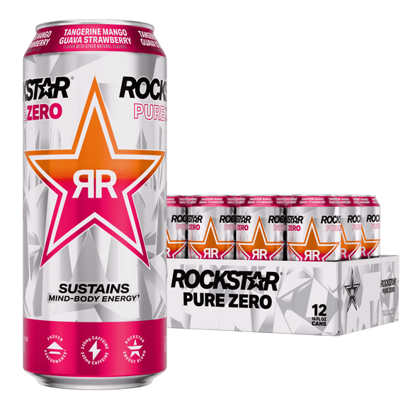 Rockstar Pure Zero Tangerine Mango Guava Strawberry Energy Drink, 16 fl oz, 12 Pack Cans