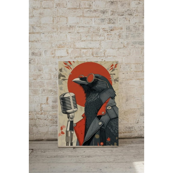 Rockstar Raven – Gothic Crow Art , Music Lover Wall Decor, Retro Microphone Illustration, Dark Academia Unframed Paper Print