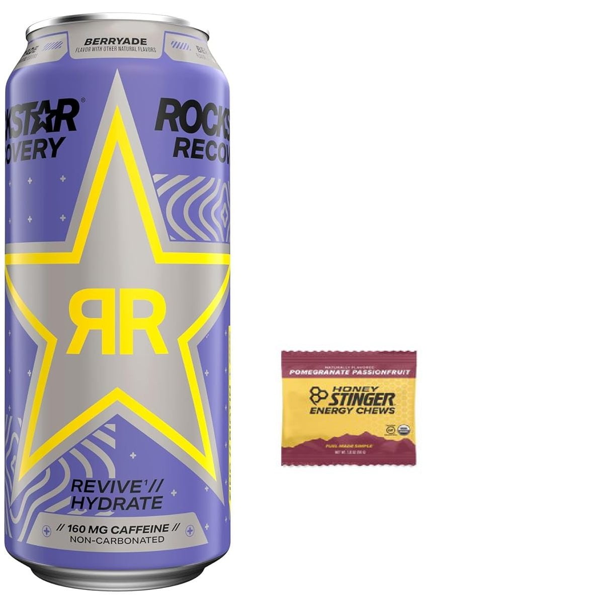 Rockstar Recovery Non-Carbonated Energy Drink -  Berryade 16fl.oz (Pack of 16) + Stinger Energy Chews