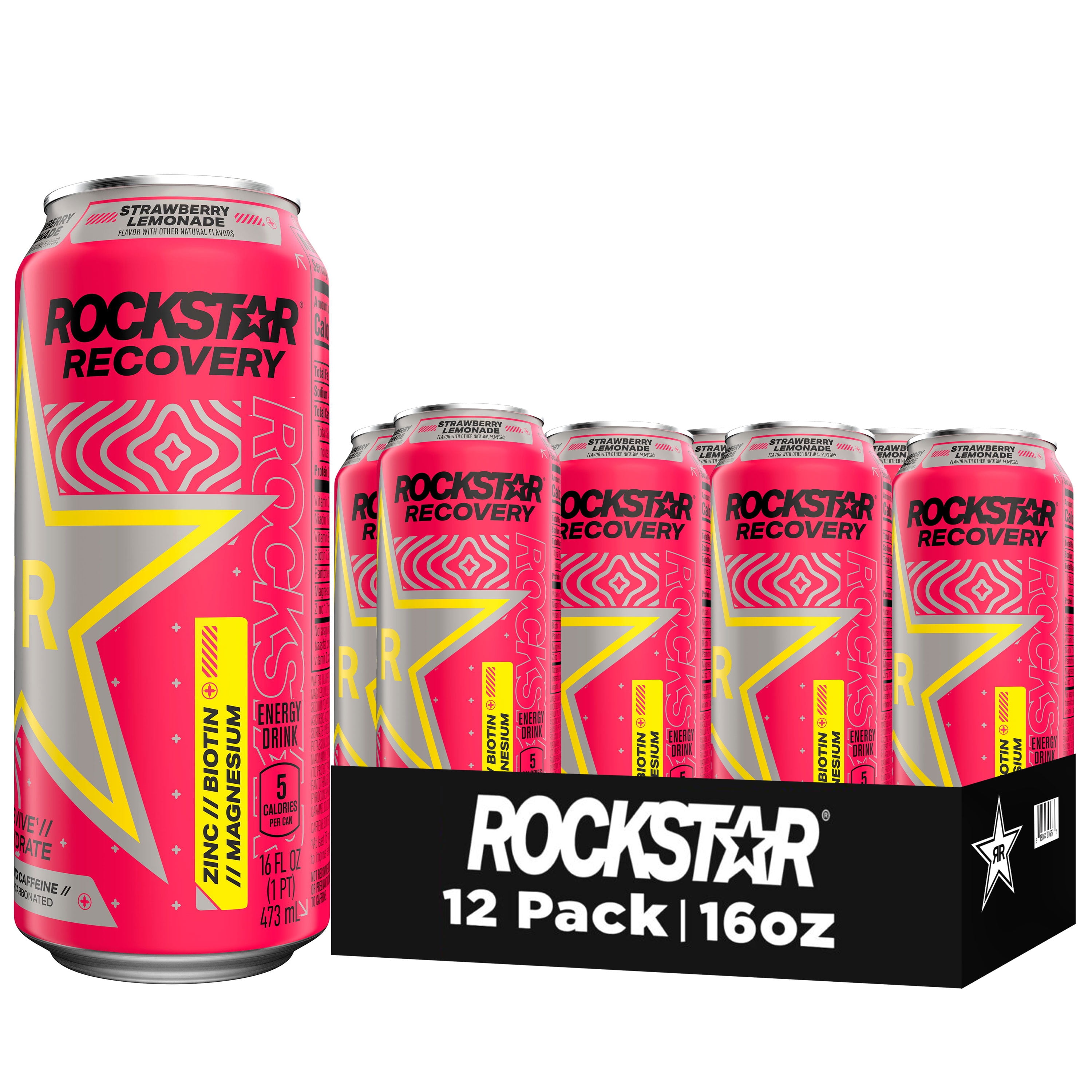 Rockstar Recovery Strawberry Lemonade Energy Drink, 16 fl oz, 12 Pack Cans