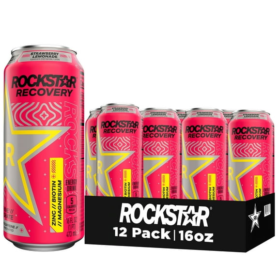 Rockstar Recovery Strawberry Lemonade Energy Drink, 16 fl oz, 12 Pack Cans