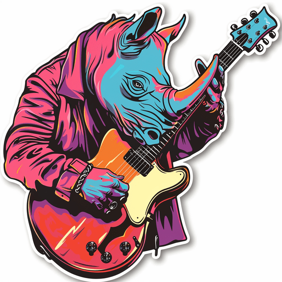 Rockstar Rhino Playing Electric Guitar Car Sticker Funny Animal Music Vinyl Decal for Car, Laptop, Guitar Case, Bumper, Skateboard, Waterproof Cool Rock Gift. Musician Auto Decoration.