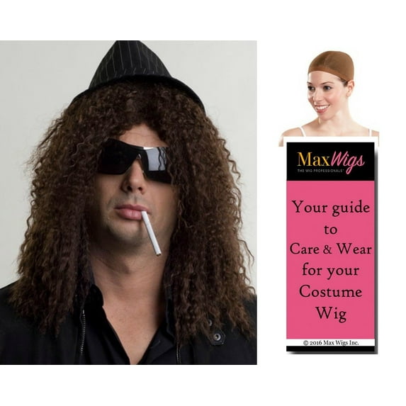 Rockstar Slash Color Dark Brown - Enigma Wigs Guns Roses Curly Men's Hard Rock Metal Bundle with Wig Cap, MaxWigs Costume Wig Care Guide