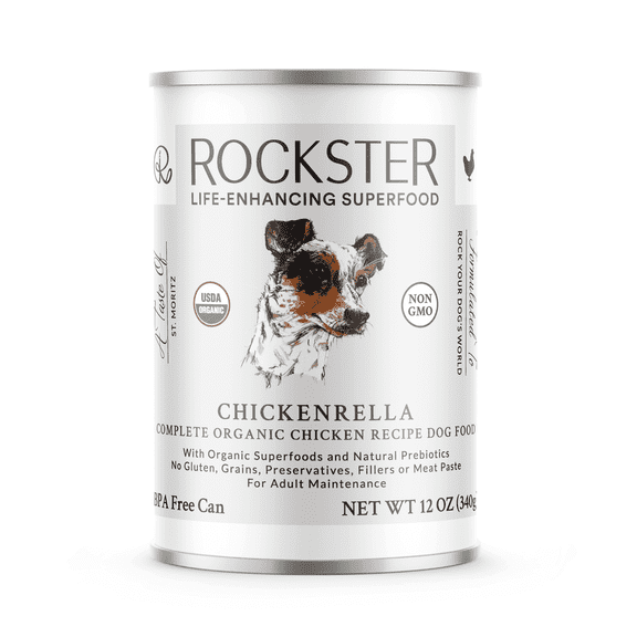 Organic Chicken Wet Dog Food, 12-Pack Single Protein Recipe, Complete & Balanced, Rockster Chickenrella BPA-Free (12 oz Cans)