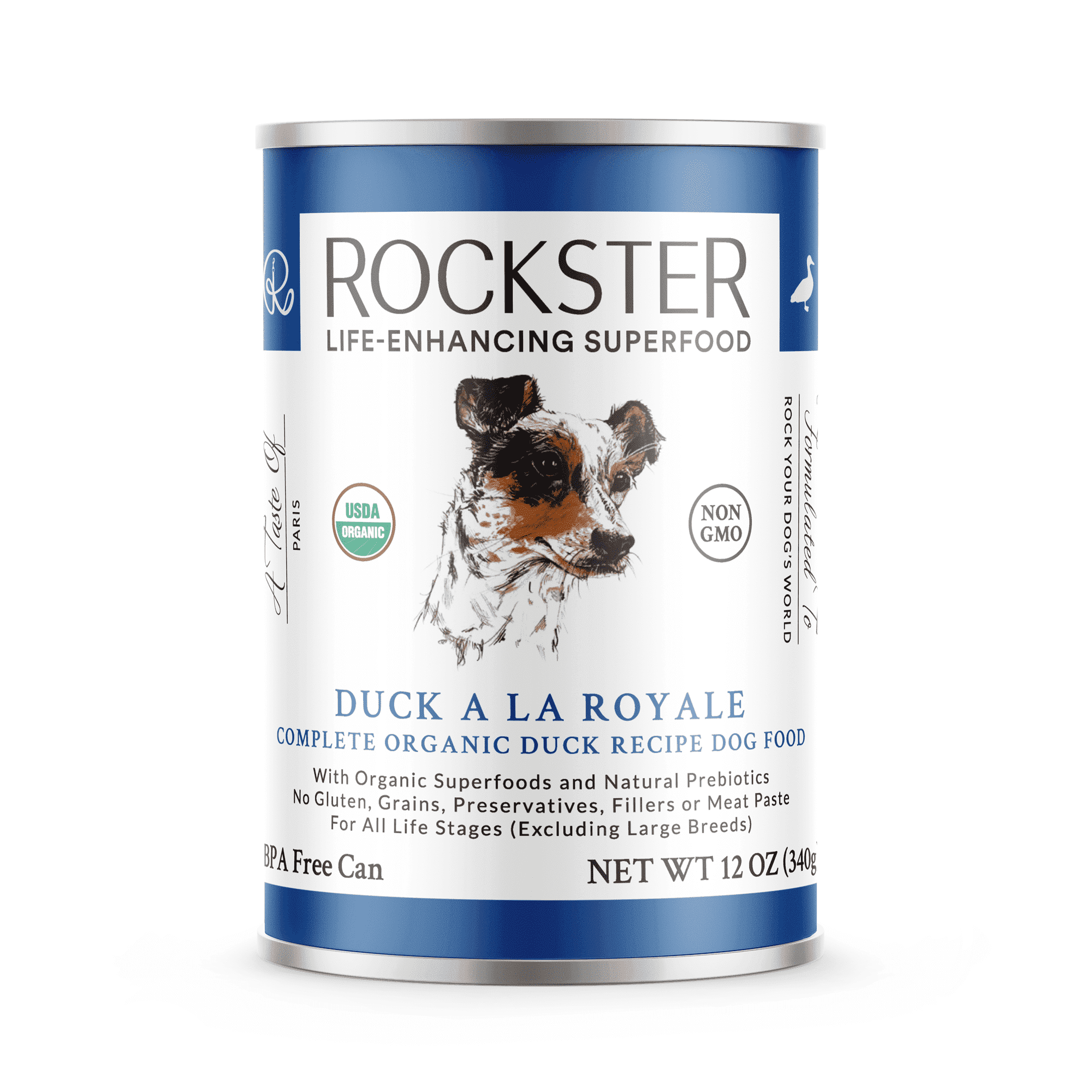 Organic Duck Wet Dog Food, 12-Pack – Single Protein Recipe, Complete & Balanced, Rockster Duck a la Royale BPA-Free (12 oz Cans)