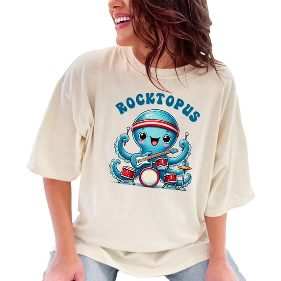 Rocktopus Playing Guitar Drums Funny Music Band Octopus Tee Cool Graphic TShirt Unique Animal Music Lover Gift, Ivory Comfort Colors T-Shirt, Large