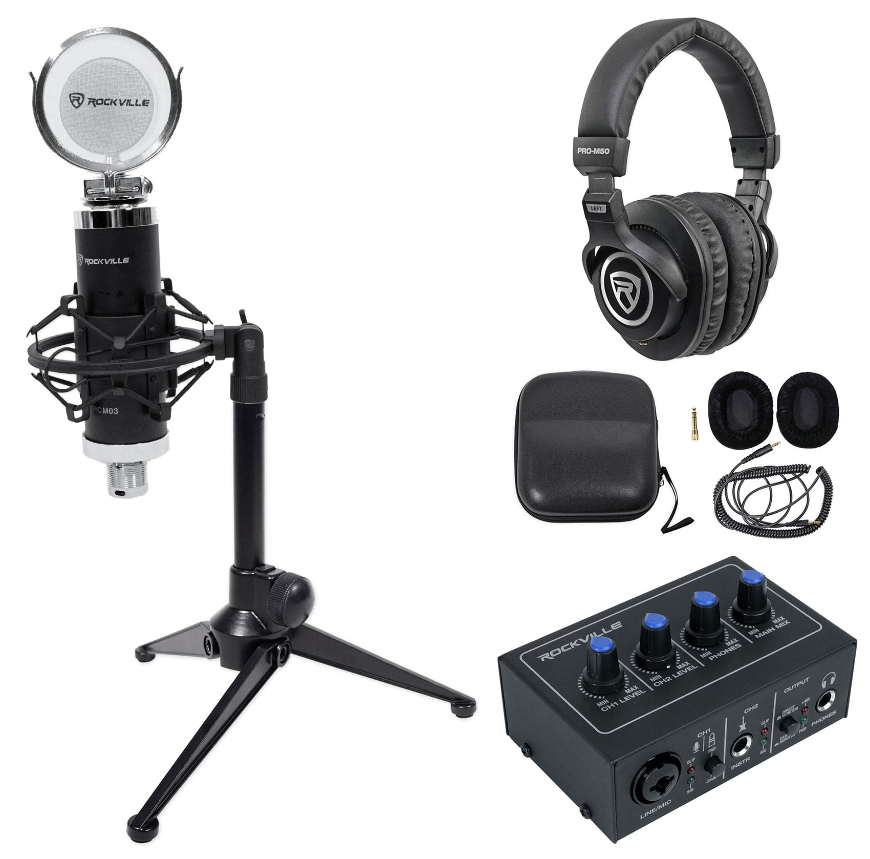 Rockville 1-Person Podcast Podcasting Kit w/2x2 USB Interface+Mic ...