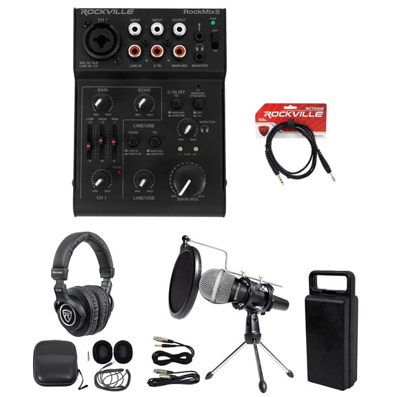 Rockville RockMix 5 Bundle: 5 Channel USB Podcast Mixer, PRO-M50 Headphones, RMC-XLR Mic, RTMS21 Stand, RCTR106B Cable, 5-items