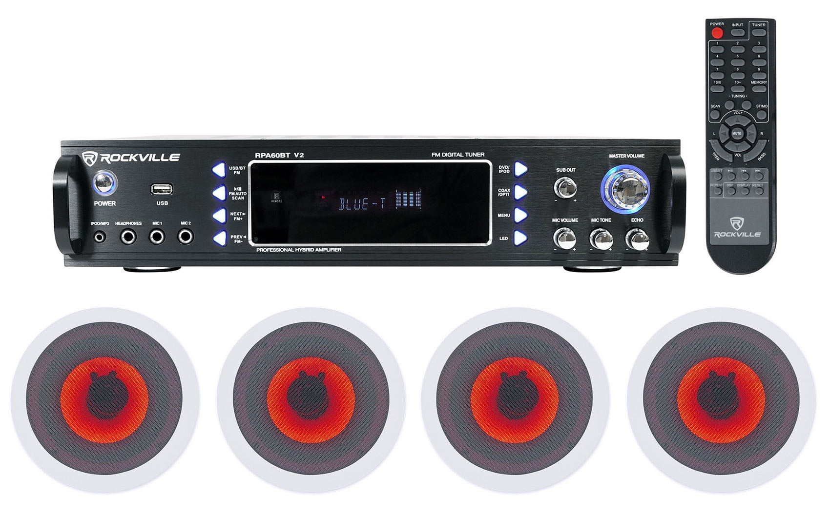 Rockville 1000w Home Theater Bluetooth Receiver+(4) In-Ceiling 6.5" LED Speakers