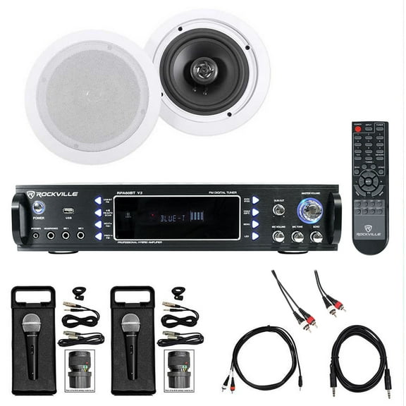 Rockville 1000w Karaoke Bluetooth Amp/Mixer+(2) Ceiling Speakers+(2) Microphones