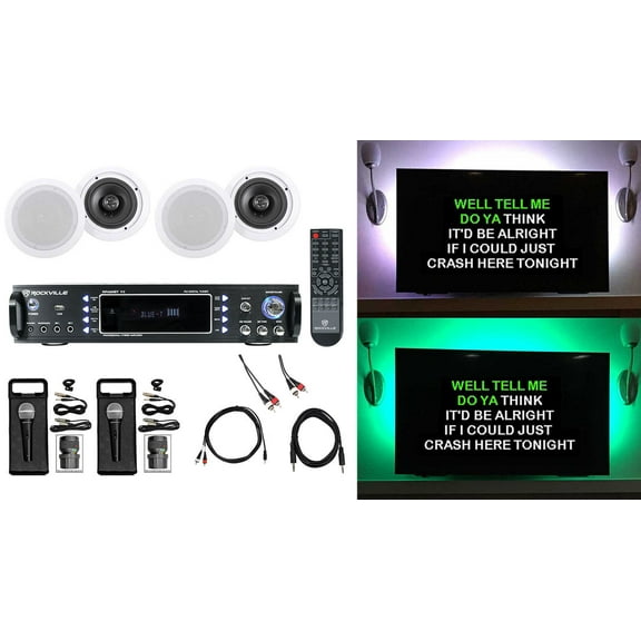 Rockville 1000w Karaoke Bluetooth Amp/Mixer+(4) Ceiling Speakers+(2) Microphones