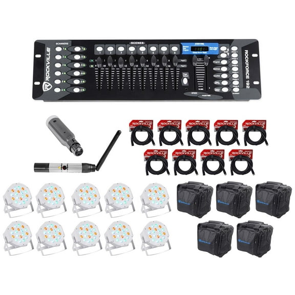 Rockville 192-Channel DMX Controller+Lighting Transmitter+Receiver+10 Par Lights