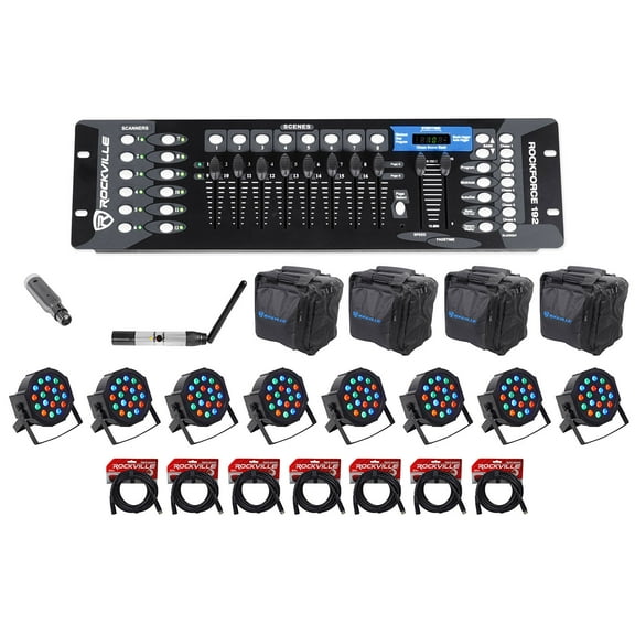Rockville 192-Channel DMX Controller+Lighting Transmitter+Receiver+8 Par Lights
