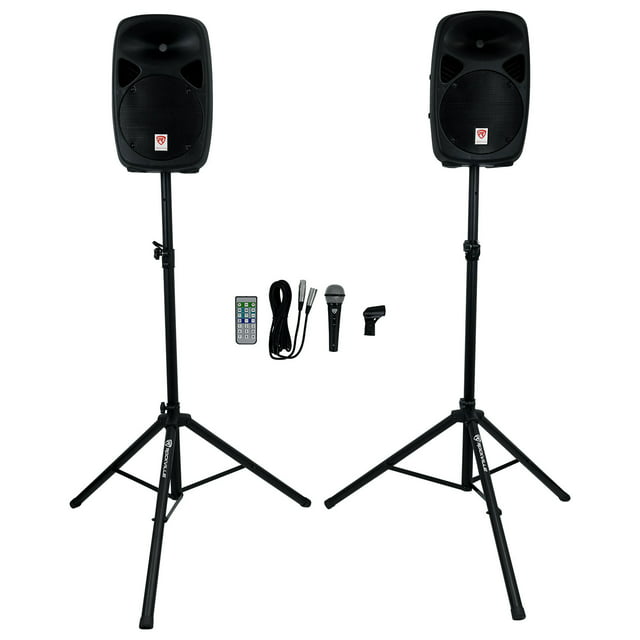 Rockville (2) 10" Powered Speakers+Stands w/Bluetooth For Backyard Movie Theater